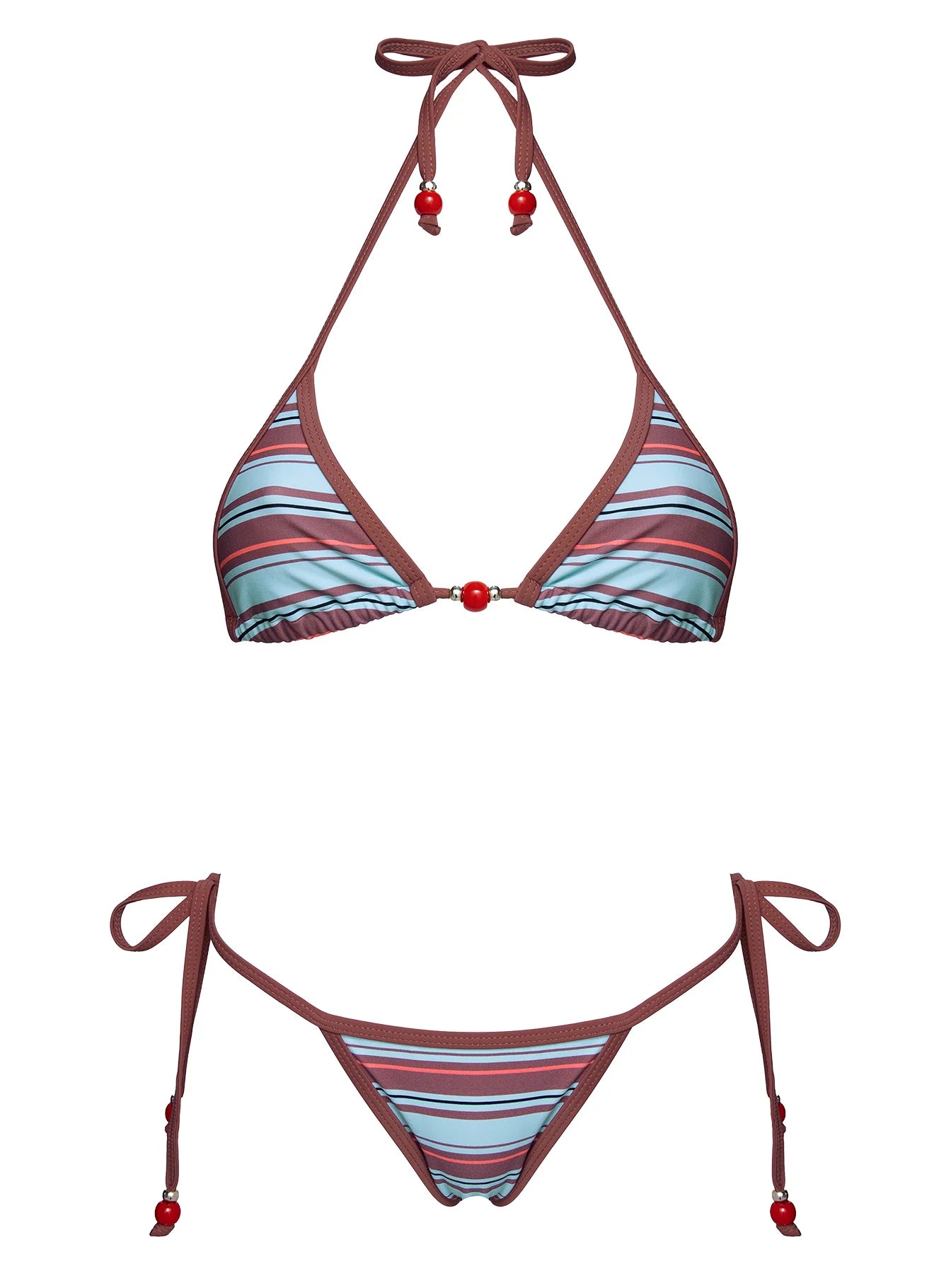 Mikaya Beaded Triangle Bikini Top Blue / Brown Stripe