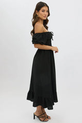 Black Midi Dress Short Sleeve Ruched Bust
