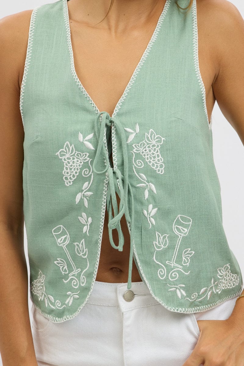 Green Linen Vest Sleeveless Embroidery