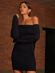 Off-Shoulder Cable Knit Jumper Dress in Black