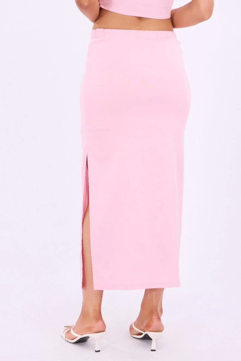 Pink Gathered Midi Skirt High Rise Bengaline Split