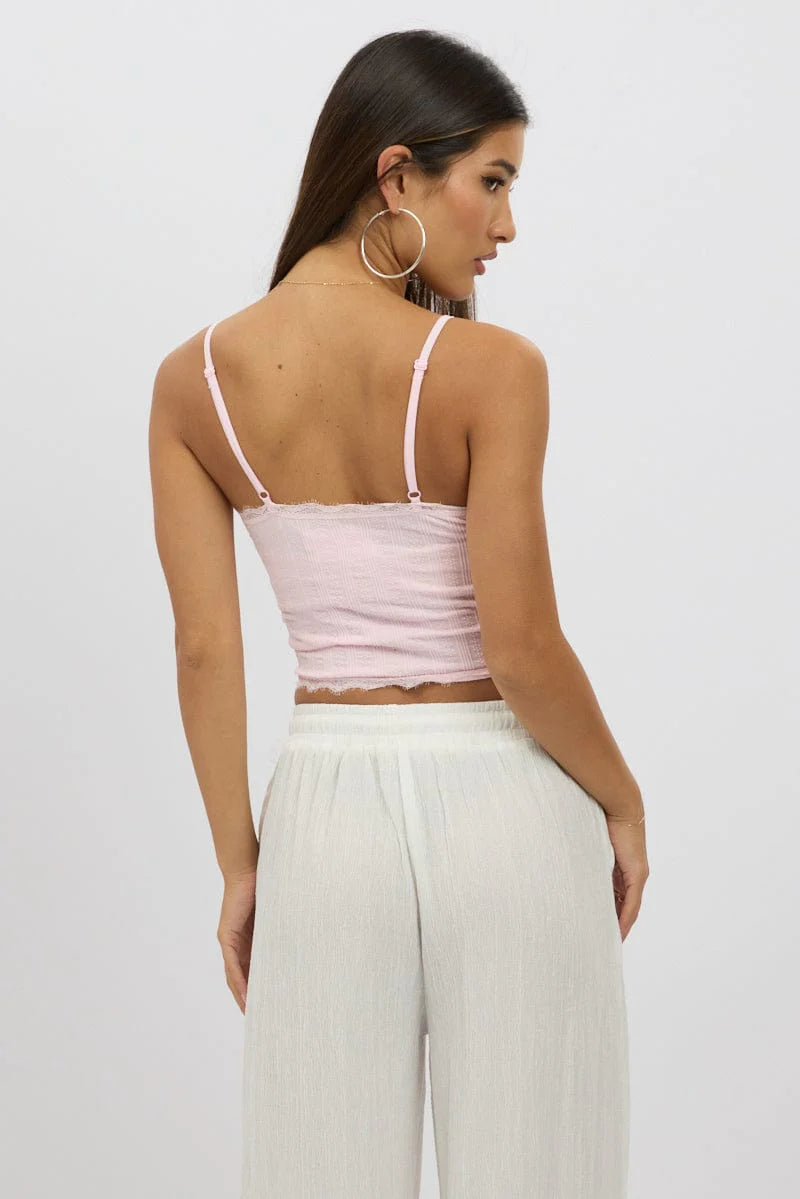 Pink Cami Top Ribbon Lace Neck