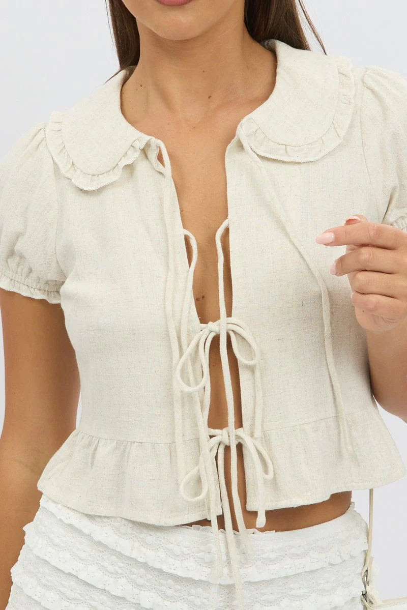 Beige Tie Front Top Collared