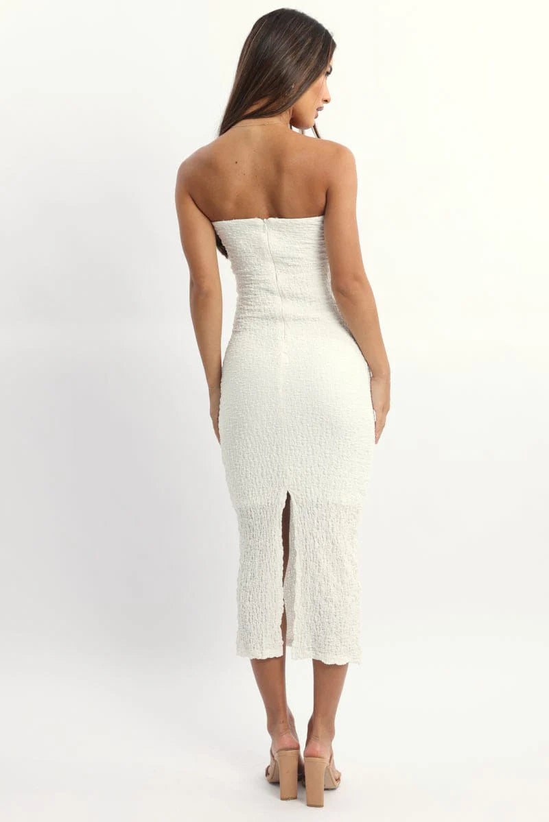 White Bodycon Dress Boob Tube Textured Midi
