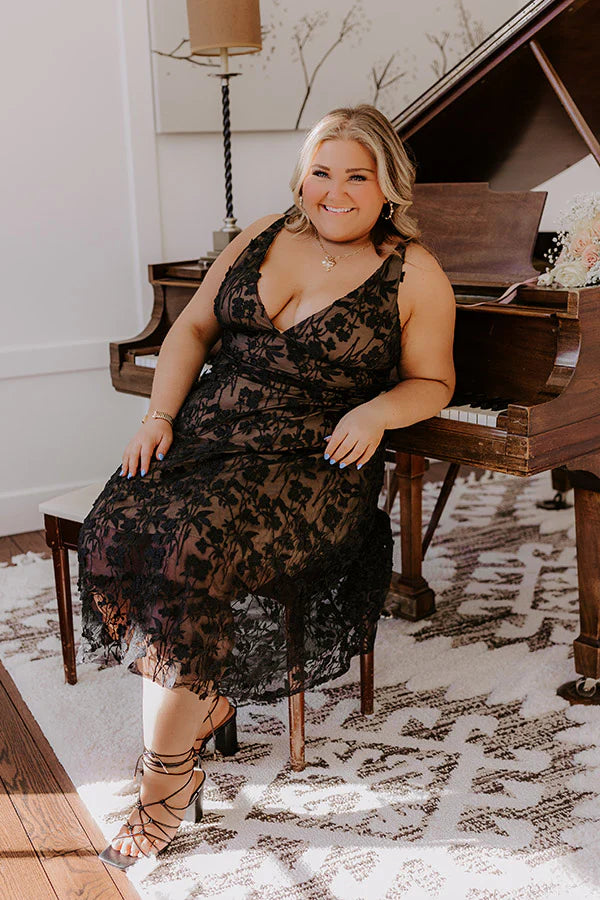 Romantic Moment Embroidered Midi Dress in Black Curves
