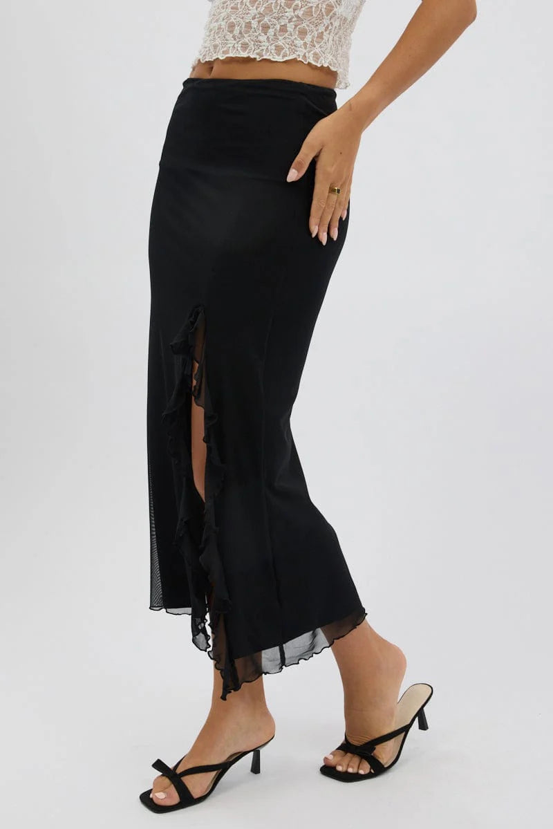 Black Maxi Skirt High Rise Ruffled Slit  Frill Hem Mesh