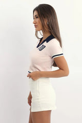 Pink Knit Top Short Sleeve Collared