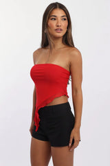 Red Bandeau Top Asymmetrical Ruffle Hem Mesh