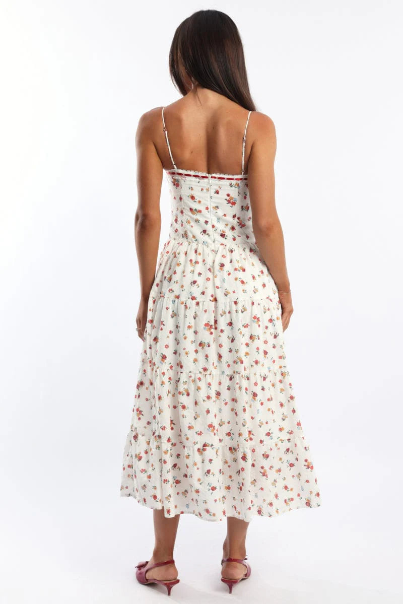 White Floral Maxi Dress Satin Tape Detail