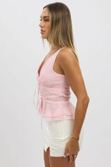 Pink Tie Front Top Sleeveless Chiffon