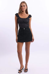 Black Polka Dot Tie Front Top Short Sleeve Lace Tape Detail