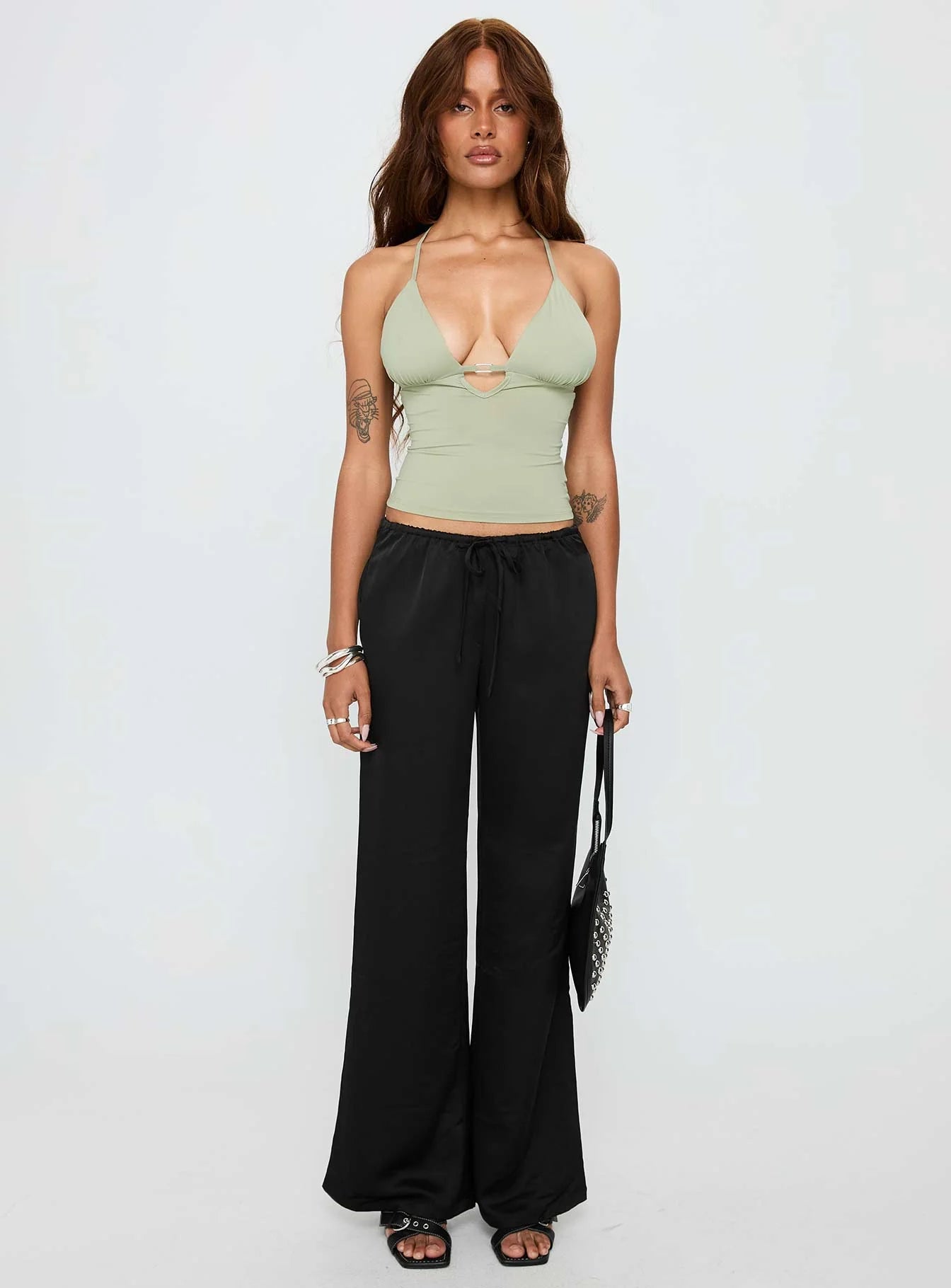 Vanille Tie Waist Satin Pants Black