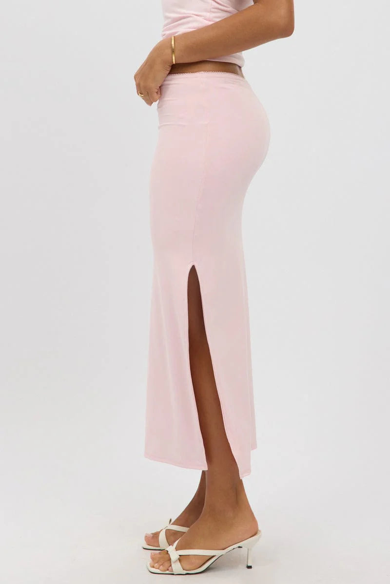 Pink Midaxi Skirt High Rise Supersoft Picot Trim Lined