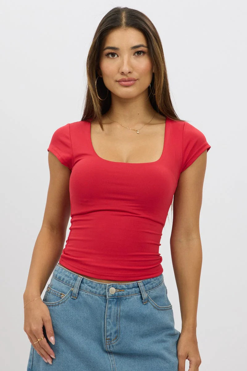 Red Supersoft Square Neck Cap Sleeve Top Double Layer