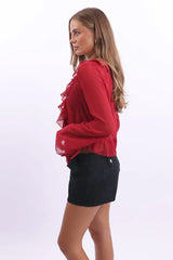 Red Tie Up Top Long Sleeve V Neck Frilled Romantic