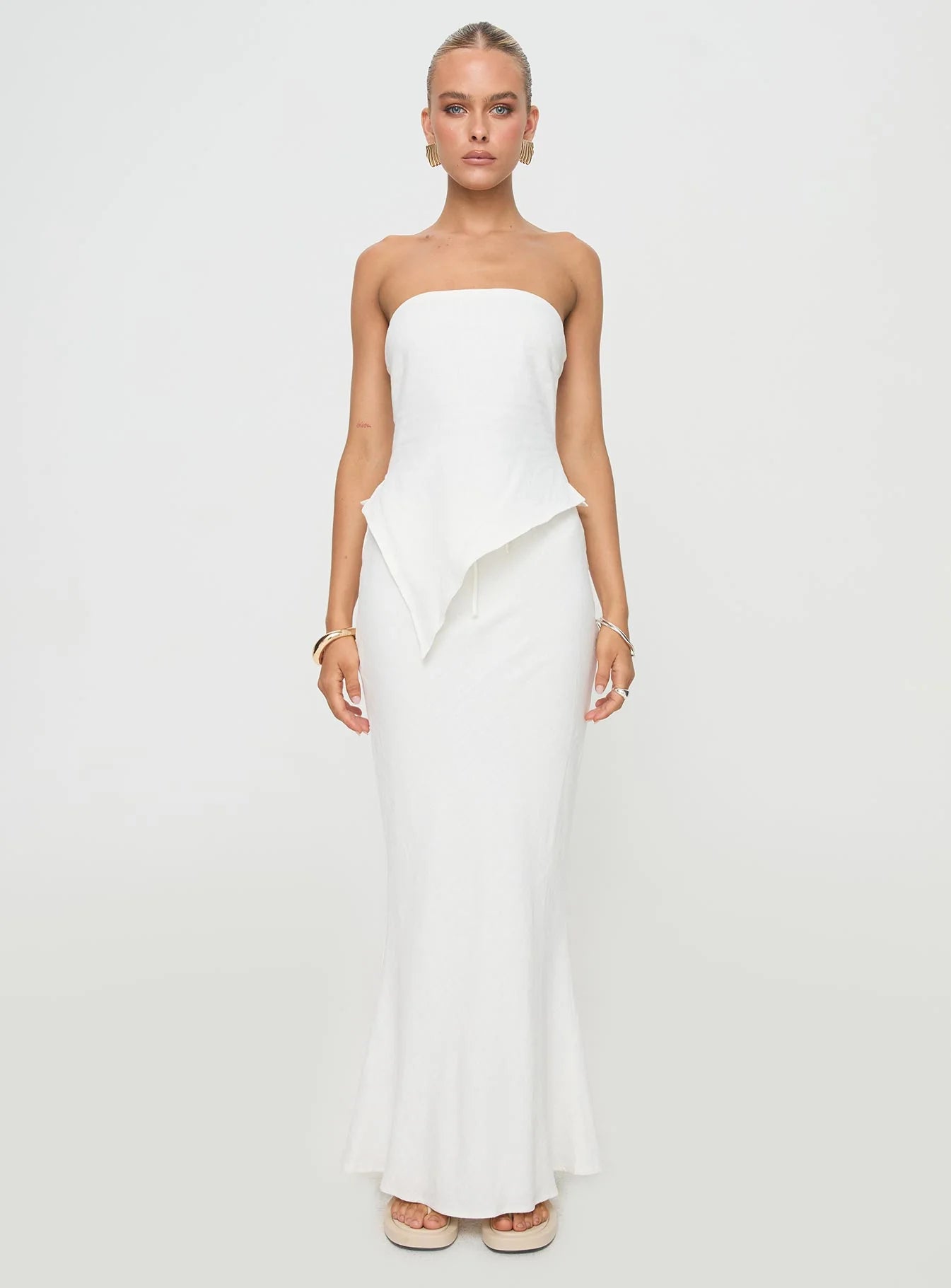 Birdie Asymmetric Linen Blend Top White