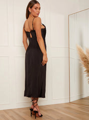 Satin Slip Lace Insert Midi Dress in Black