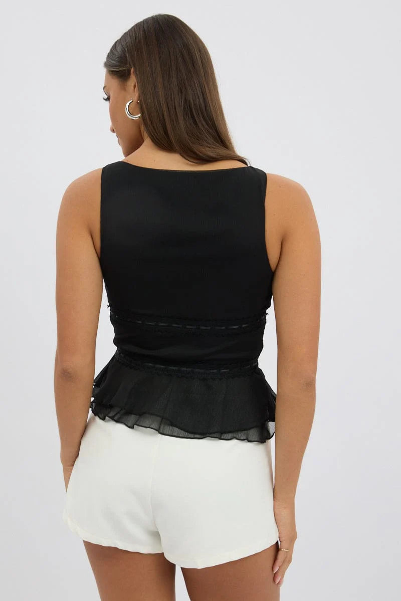 Black Tie Front Top Sleeveless Chiffon