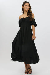 Black Midi Dress Short Sleeve Ruched Bust