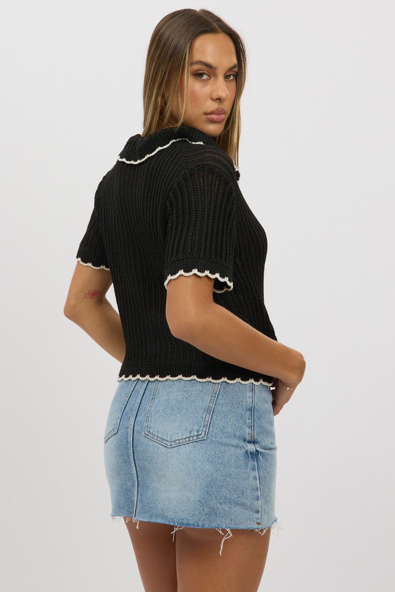 Black Knit Cardigan Short Sleeve Collared