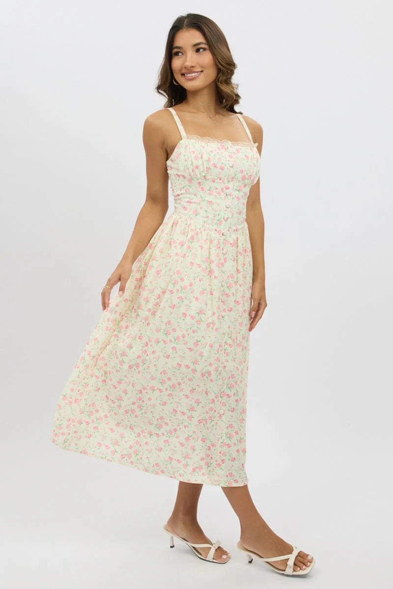 White Ditsy Midi Dress Lace Trim