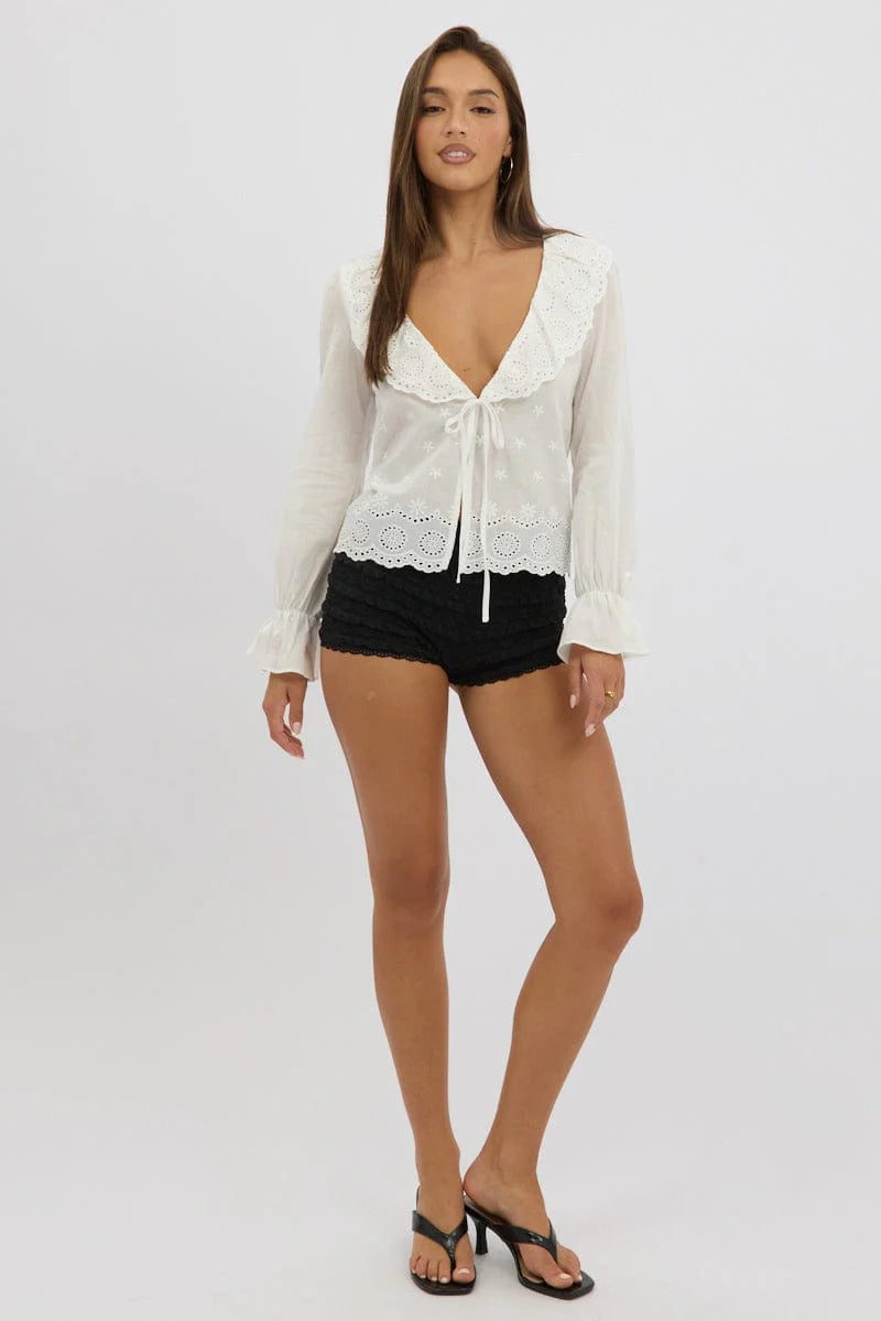 White Eyelet Top Tie Front Long Sleeve Collared