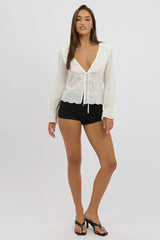 White Eyelet Top Tie Front Long Sleeve Collared