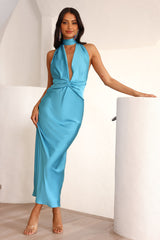 Beauty Of The Night Halter Satin Maxi Dress Blue