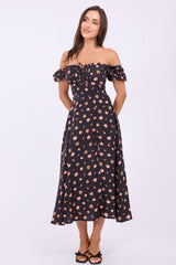 Black Ditsy Midi Dress Puff Sleeve