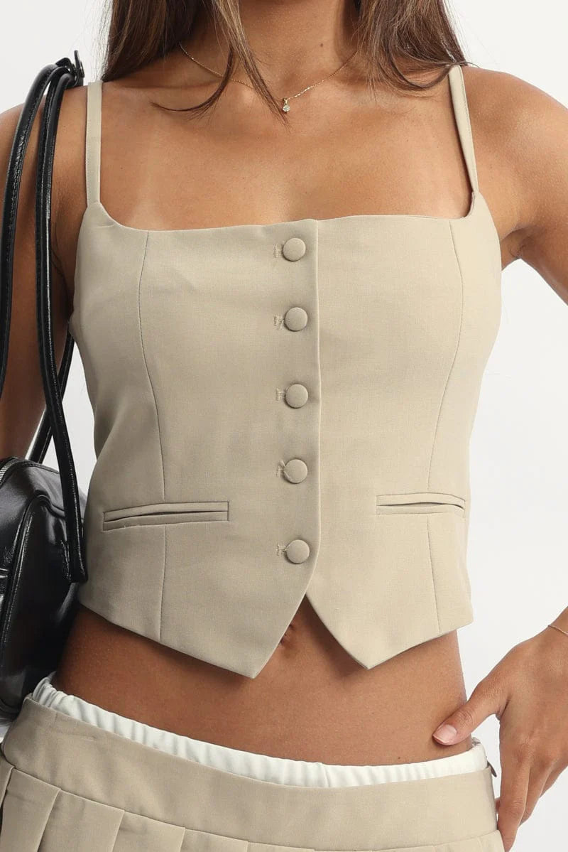 Beige Cami Vest Sleeveless Scoop Neck Tailored