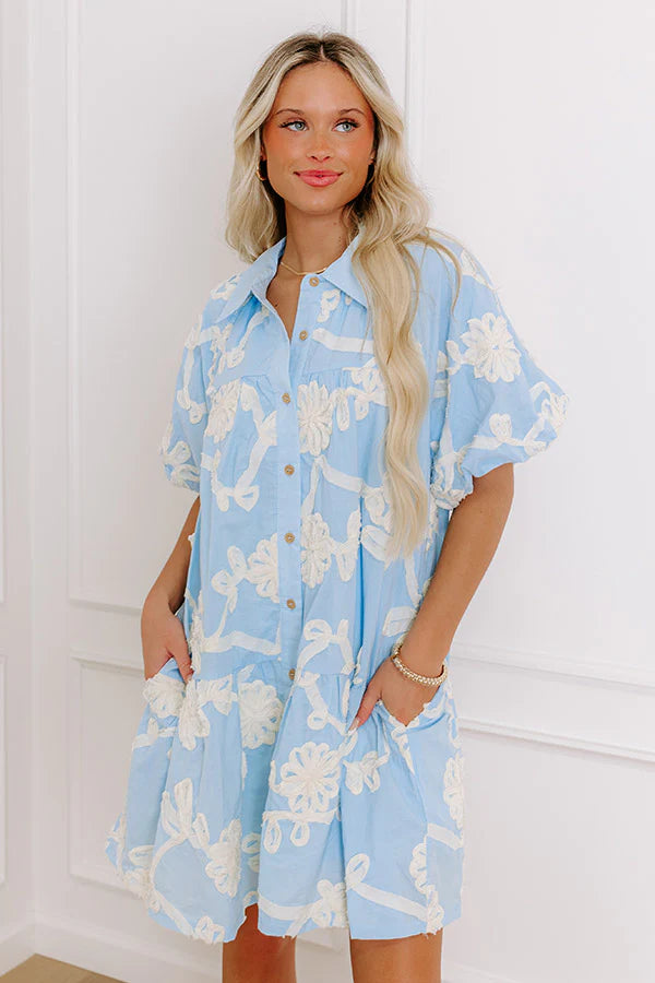Floral Statement Embroidered Mini Dress in Sky Blue