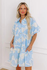 Floral Statement Embroidered Mini Dress in Sky Blue