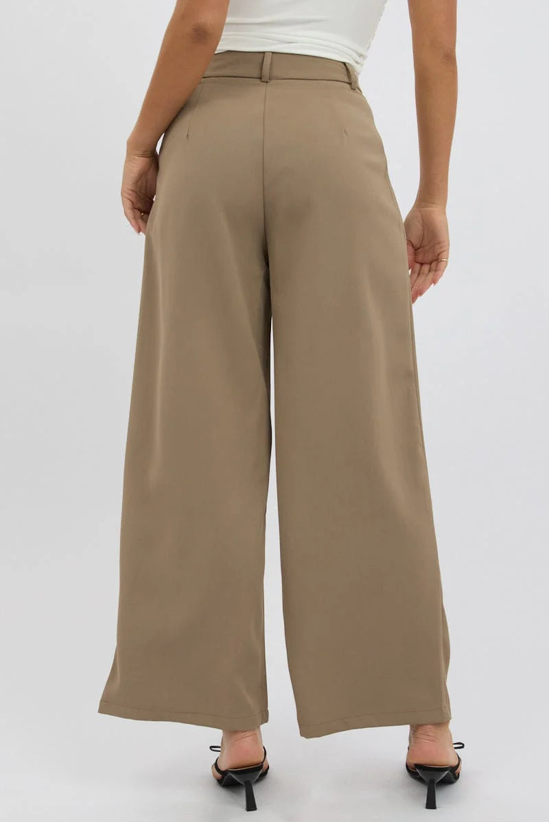 Beige Tailored Pants Mid Rise