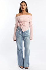Pink Off Shoulder Top Long Sleeve Ruched