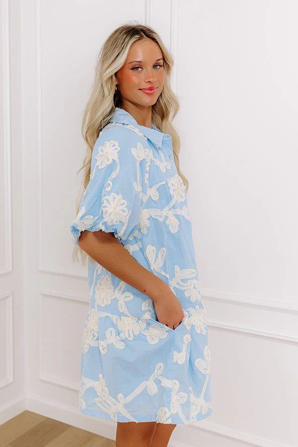 Floral Statement Embroidered Mini Dress in Sky Blue