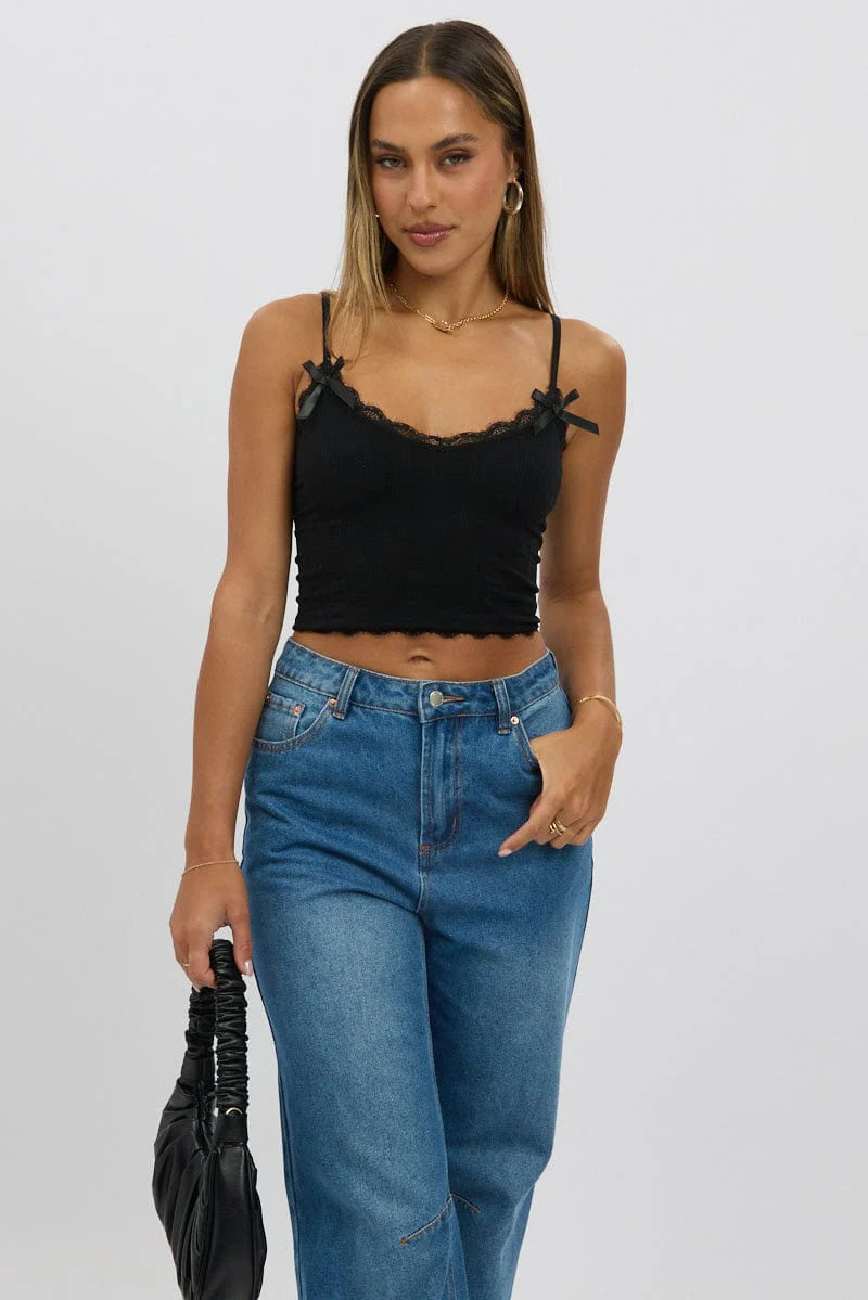 Black Cami Top Ribbon Lace Neck