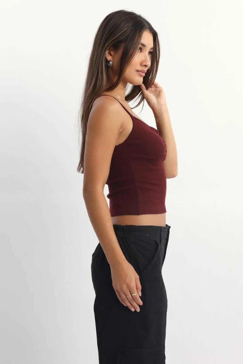 Red Singlet Top Sleeveless Ruched Bust