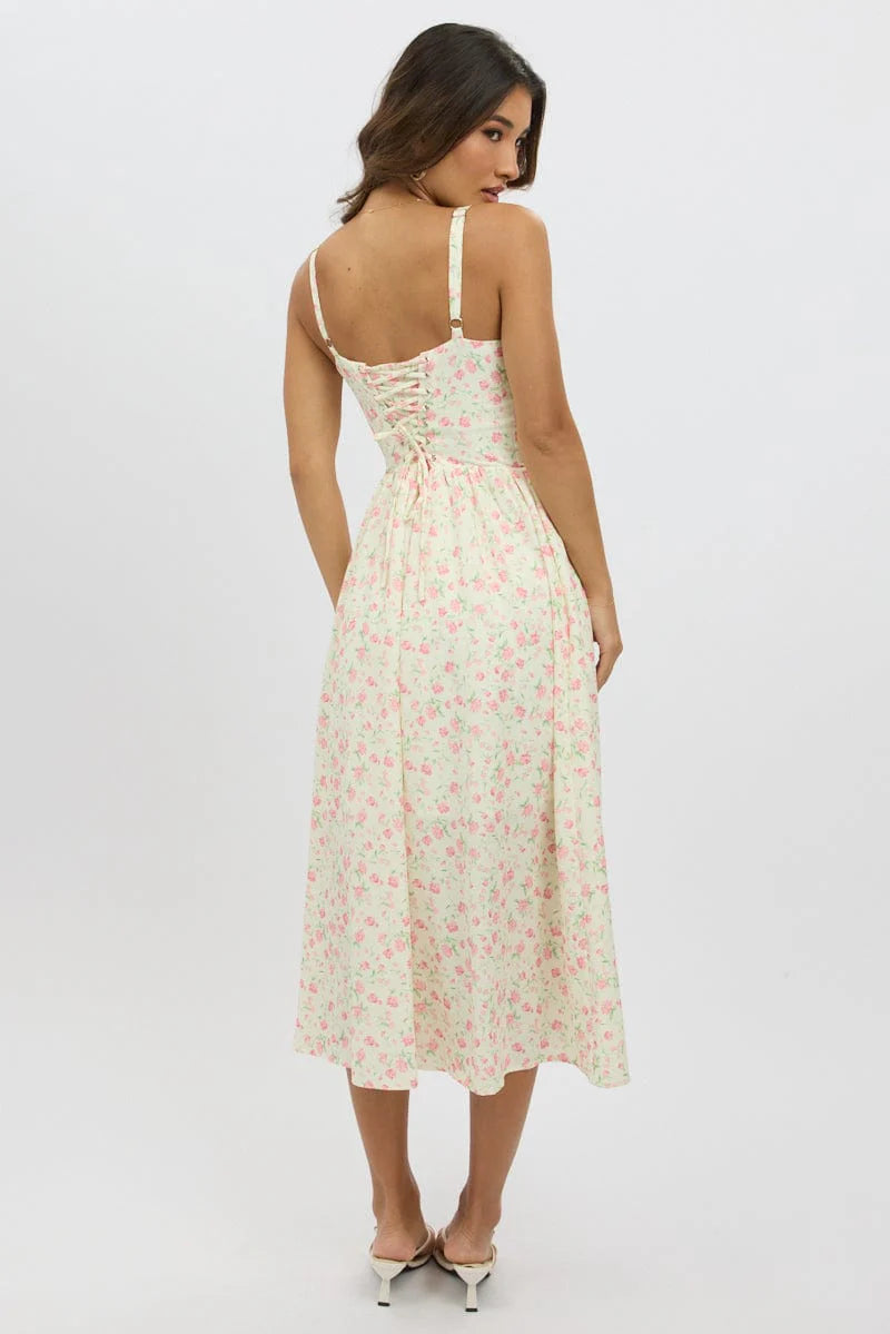 White Ditsy Midi Dress Lace Trim