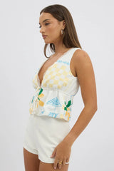 Yellow Abstract Tie Front Top