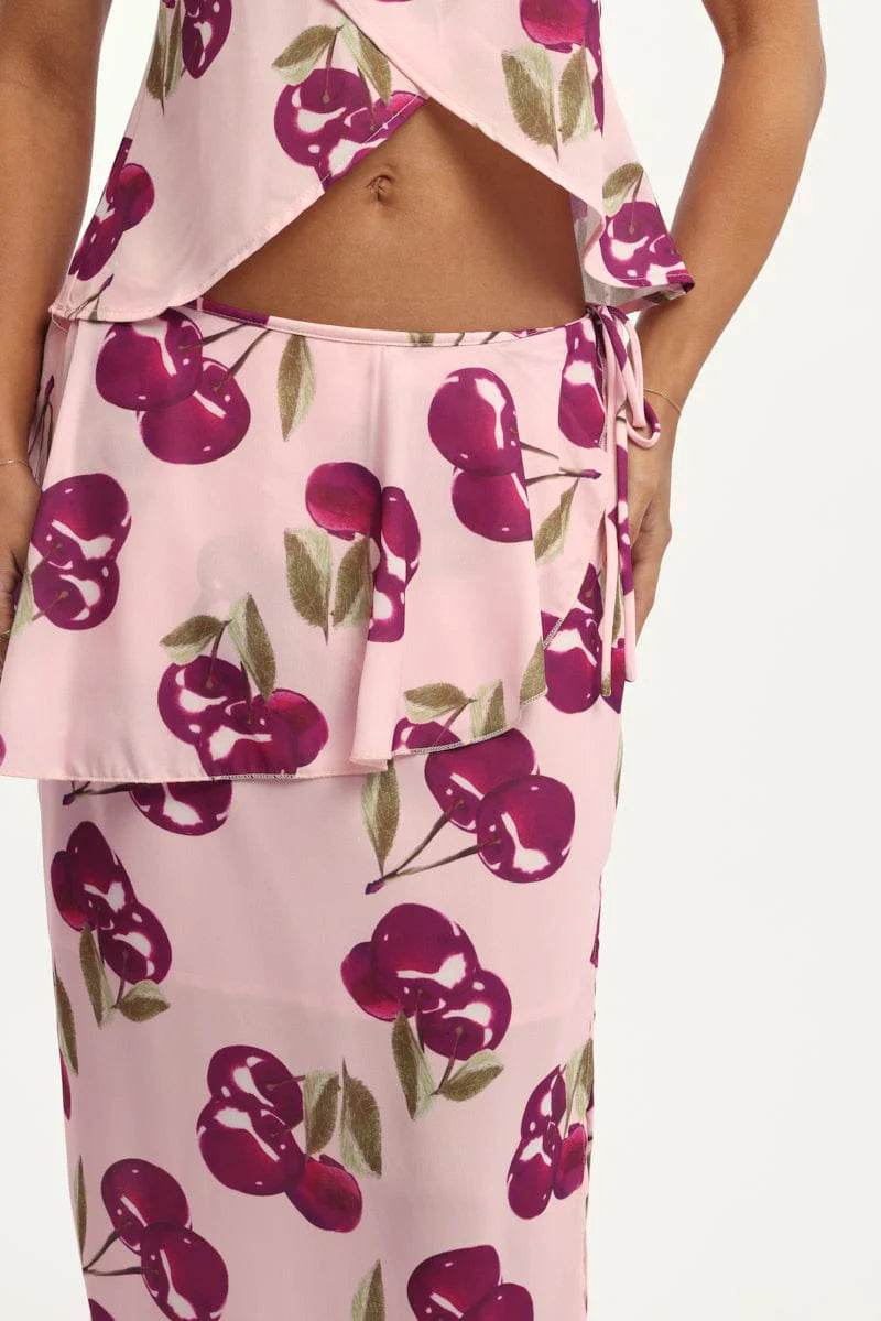 Pink Abstract Chiffon Maxi Skirt Lined