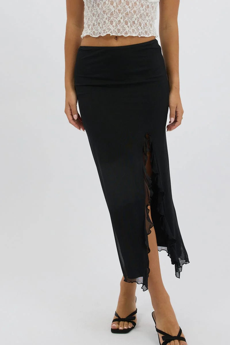 Black Maxi Skirt High Rise Ruffled Slit  Frill Hem Mesh
