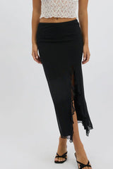 Black Maxi Skirt High Rise Ruffled Slit  Frill Hem Mesh