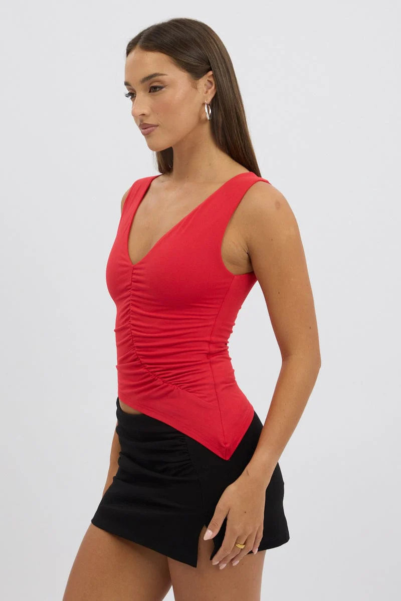 Red Sleeveless Top Asymmetric Hem