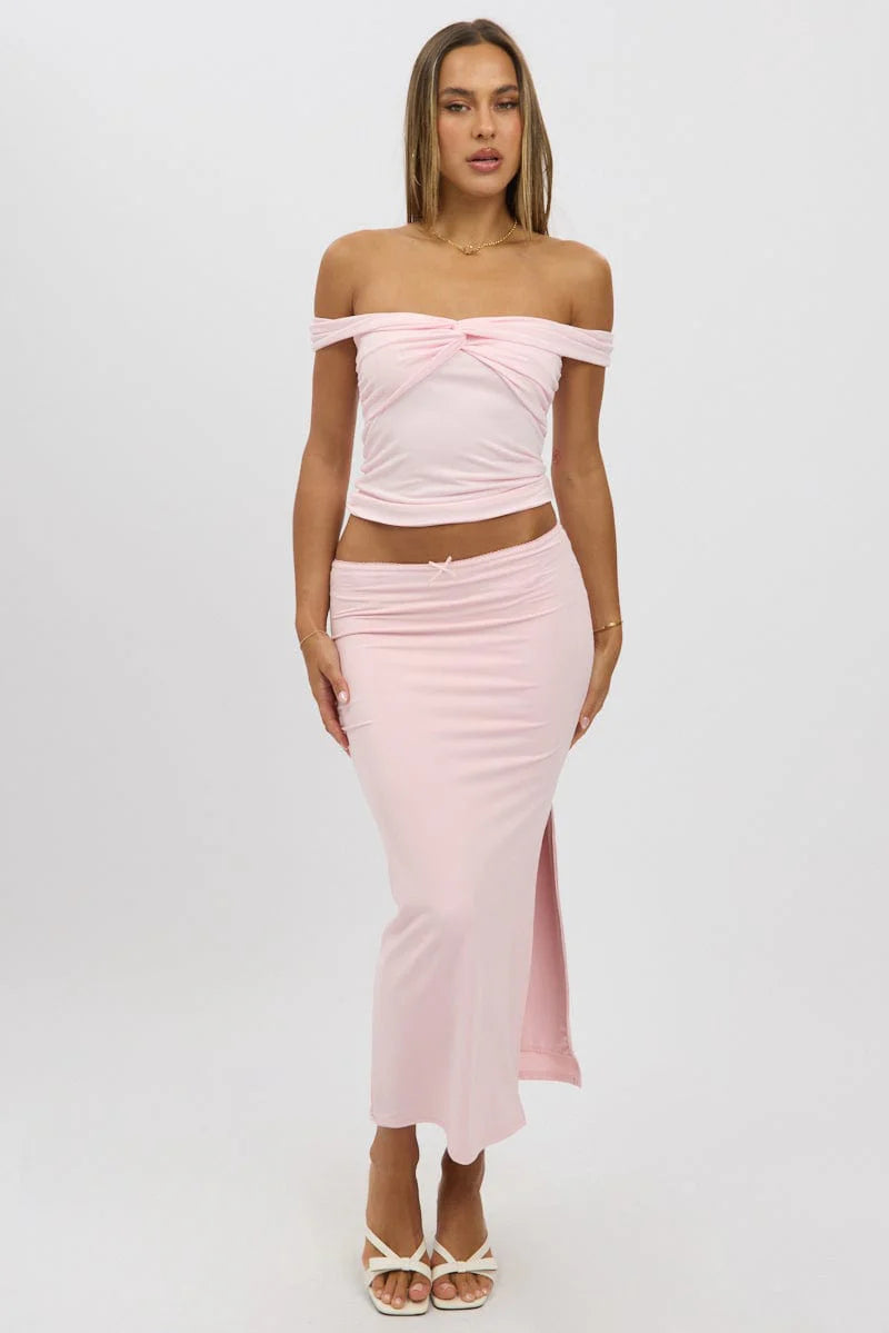 Pink Midaxi Skirt High Rise Supersoft Picot Trim Lined