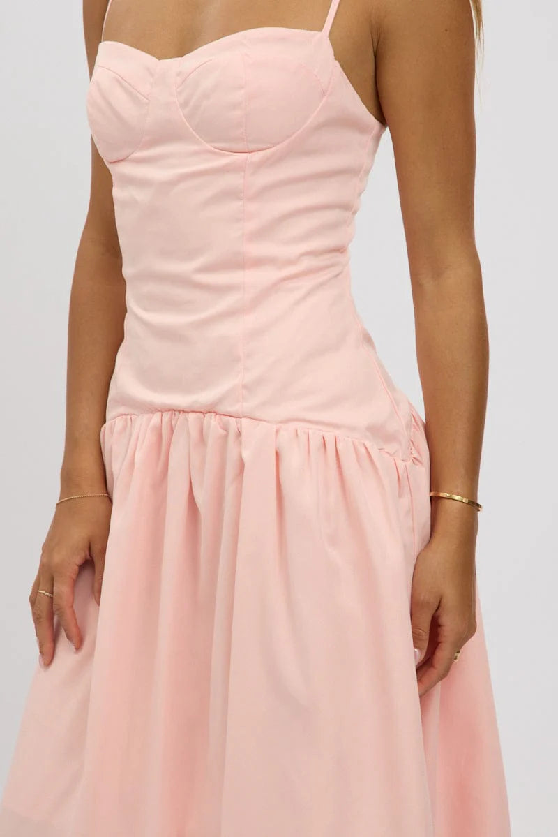 Pink Midi Dress Drop Waist