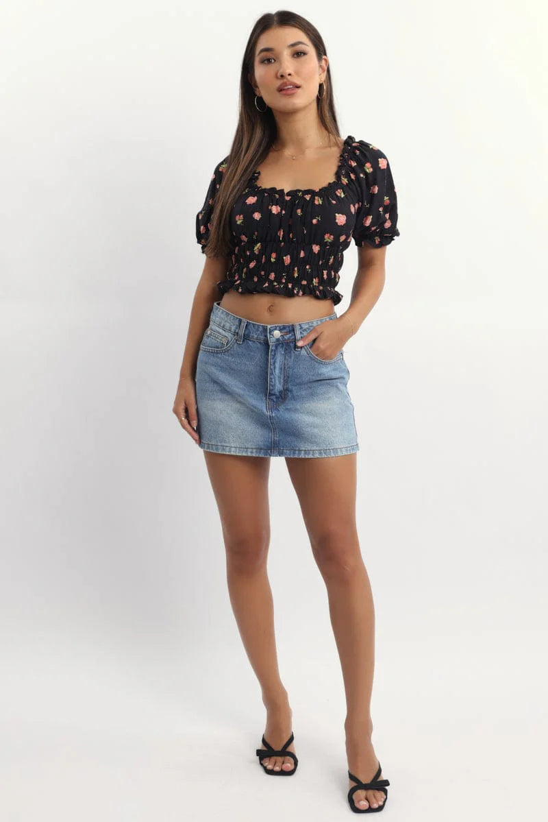 Black Ditsy Shirred Top Short Sleeve Square Neck Frill Details