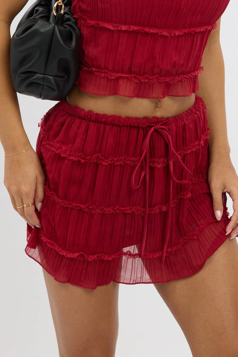 Red Mini Skirt Mid Rise Shirred Detail Lined Bloomers