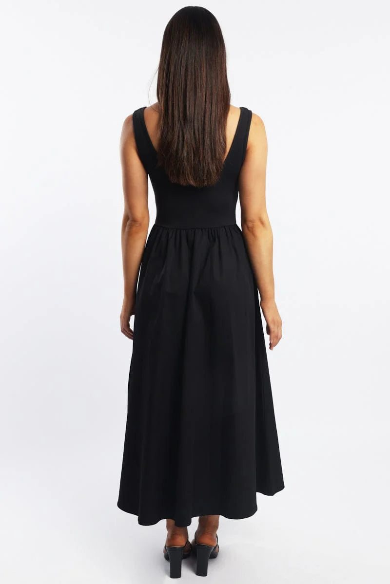 Black Midi Dress Ribbed Bodice