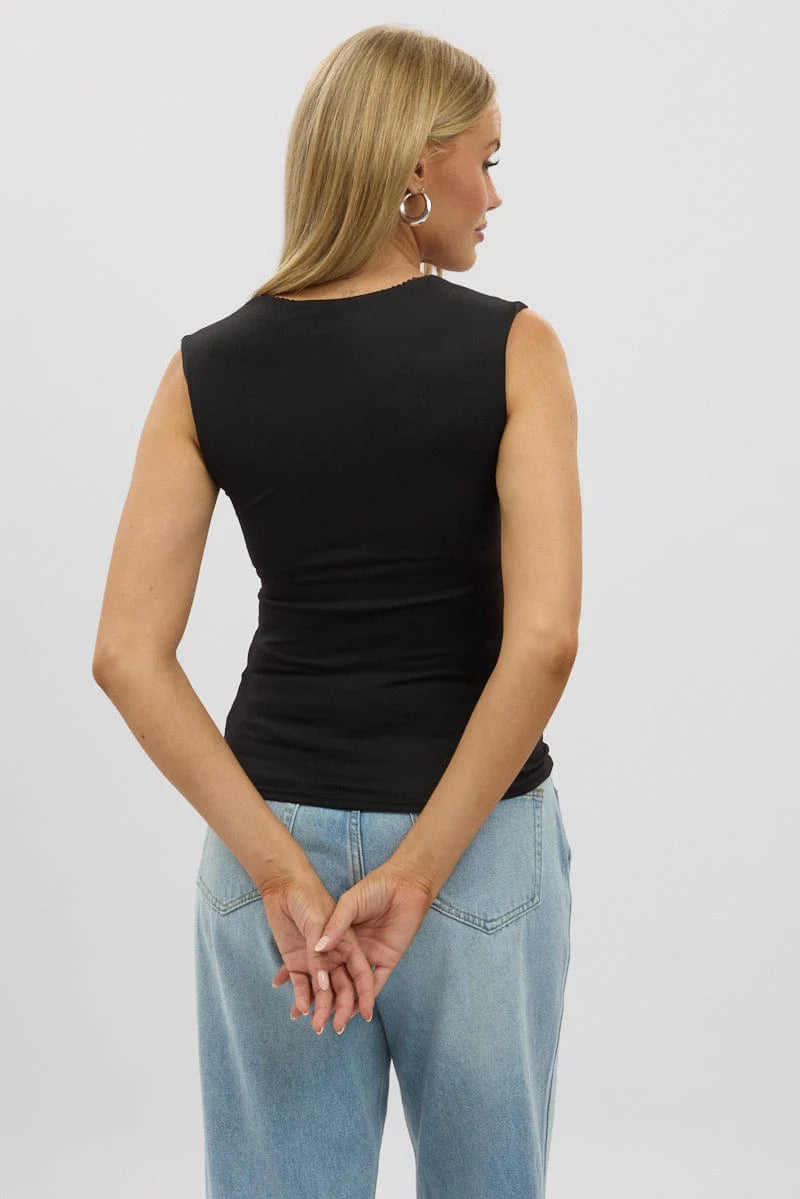 Black Sleeveless Top With Trims And Bow