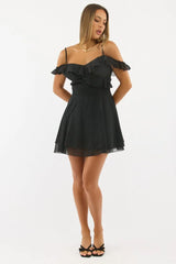 Black Mini Dress Ruffle Detail Chiffon